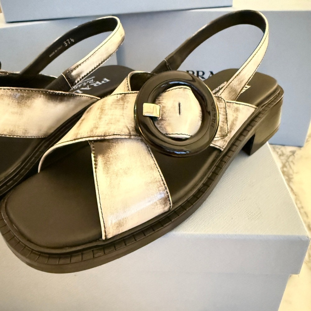 Prada 1X962N Women White/Black Leather slingback sandals shoes size 39.5 US 9.5 - Picture 10 of 14